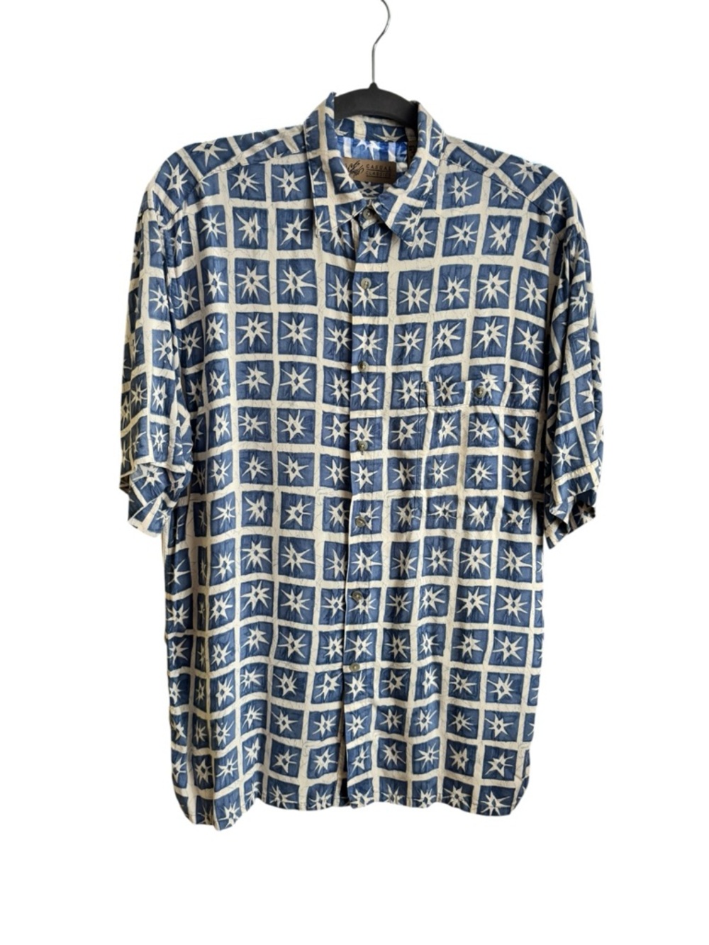 Vintage 90s Lord & Taylor Blue White Star Print Rayon Camp Shirt Men’s Medium